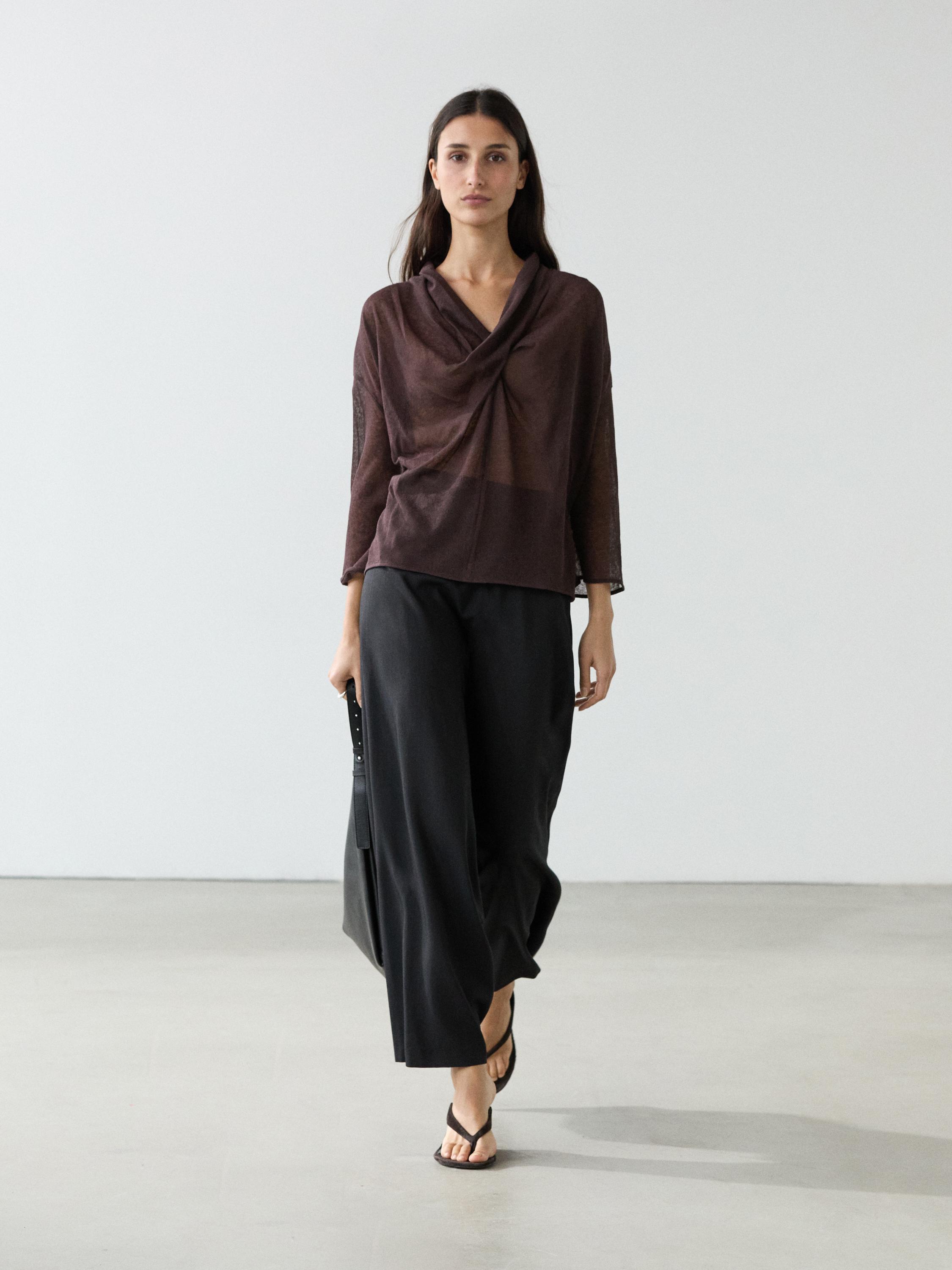 Linen blend shirt with cowl neckline
